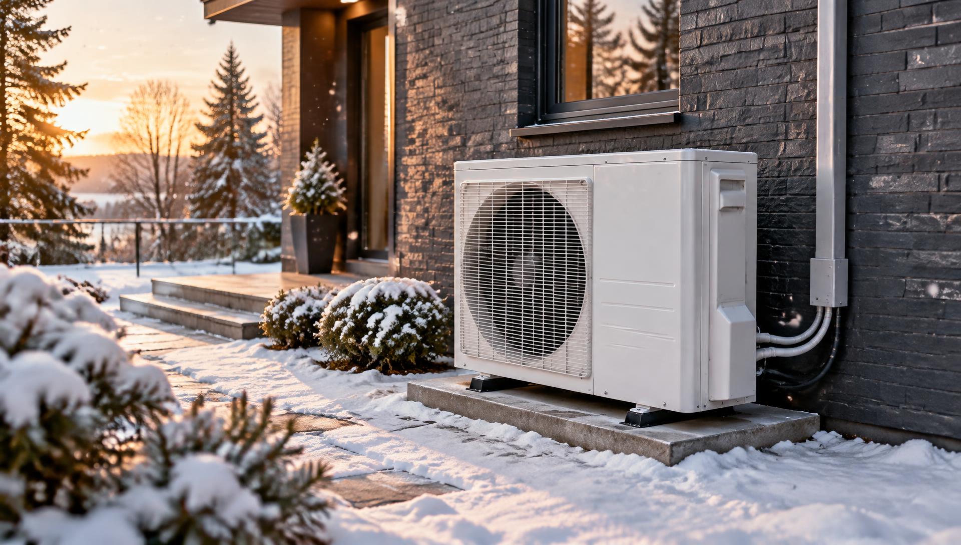 Thermopompe extérieure installée devant une résidence québécoise en hiver