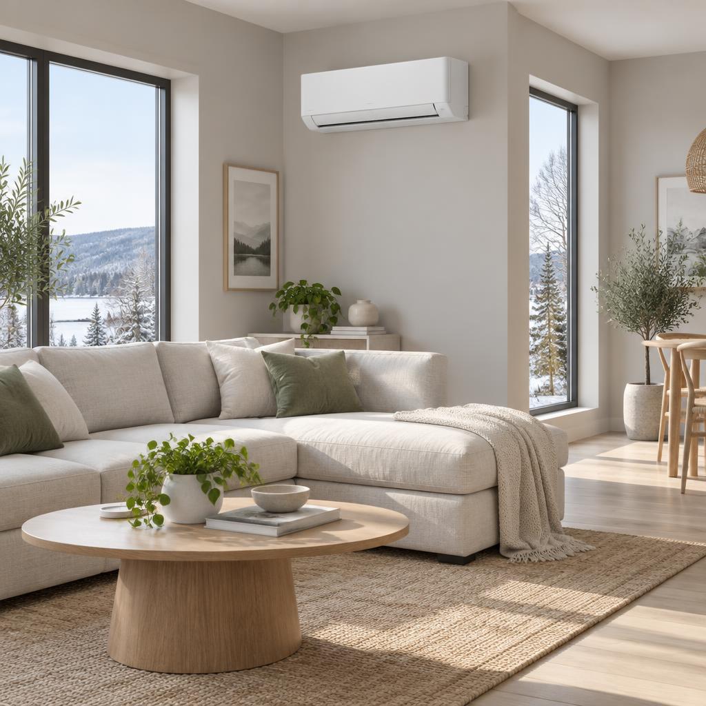 Thermopompe murale installée dans un salon lumineux